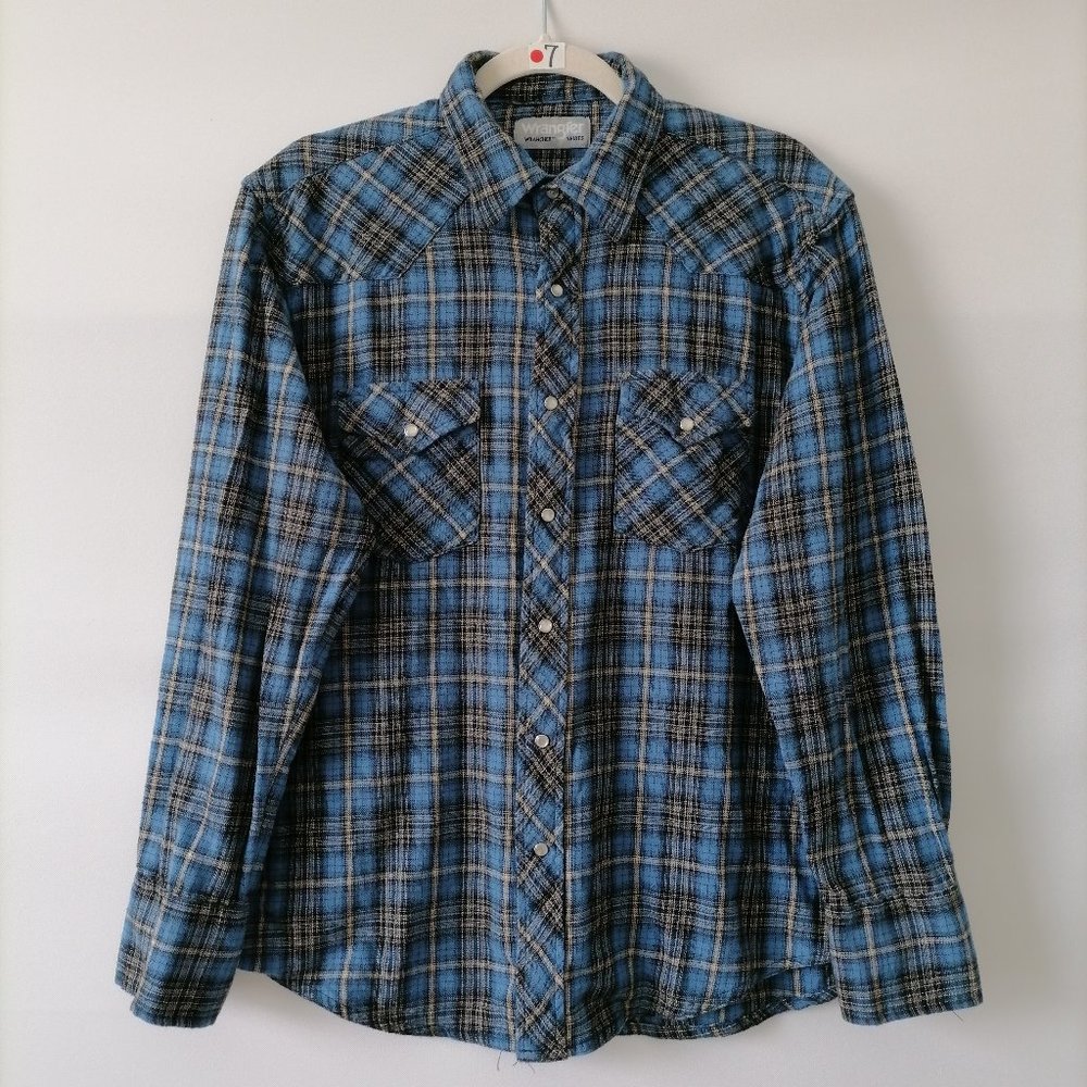 Wrangler Wrancher Mens Blue Collared Pearl Snap Button Up Plaid Shirt Size Large